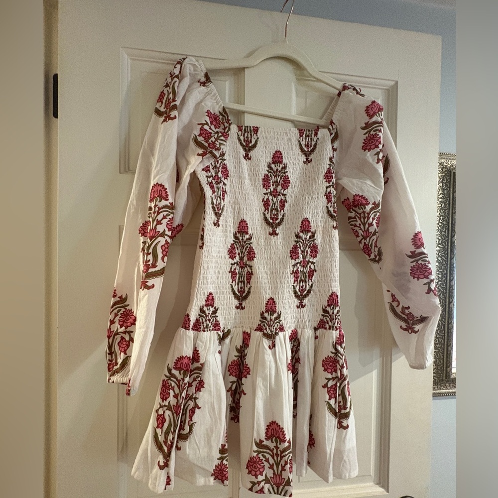 White Smocked Long-Sleeve Floral Dress